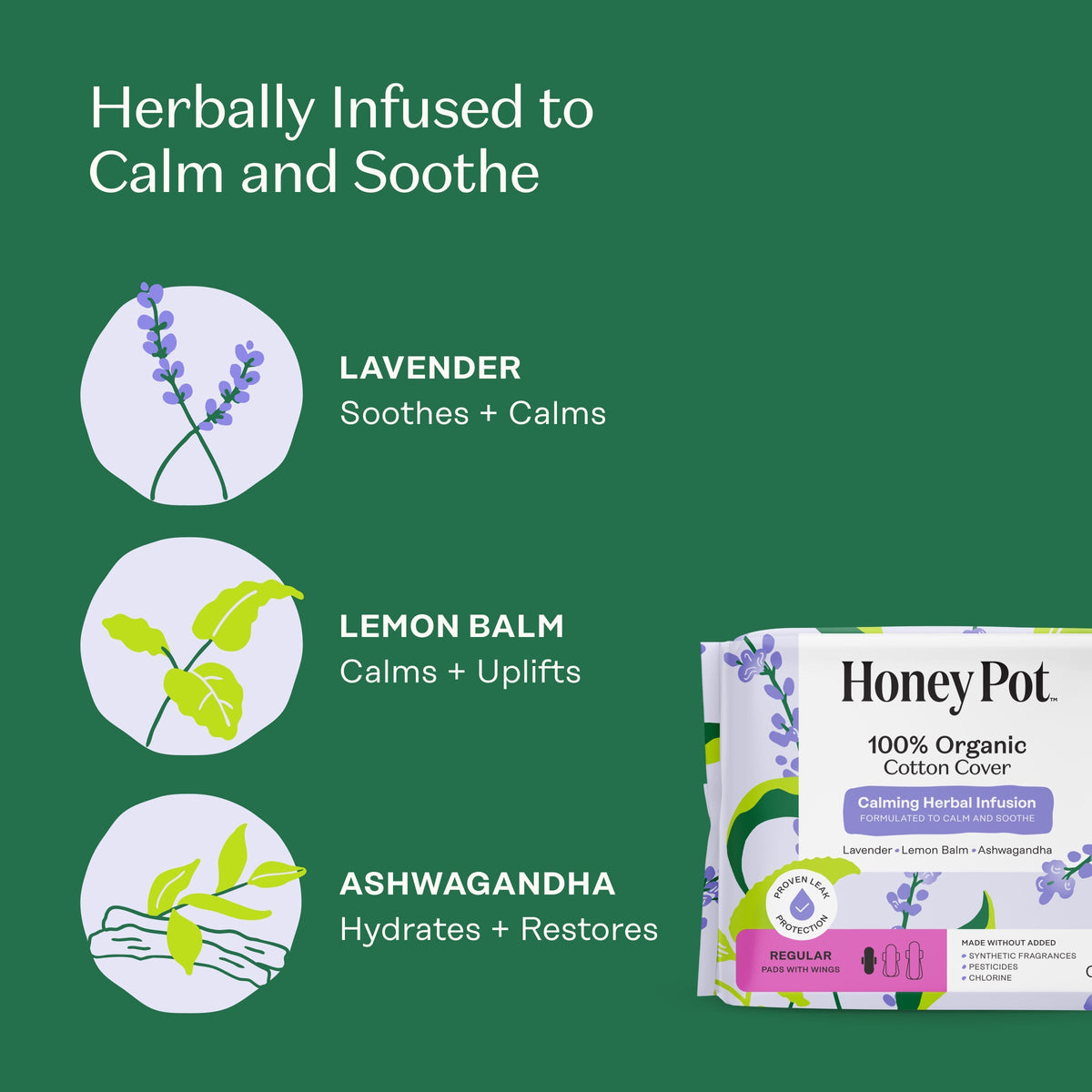 Organic Cotton Cover Calming Herbal Infusion Regular Pads With Wings